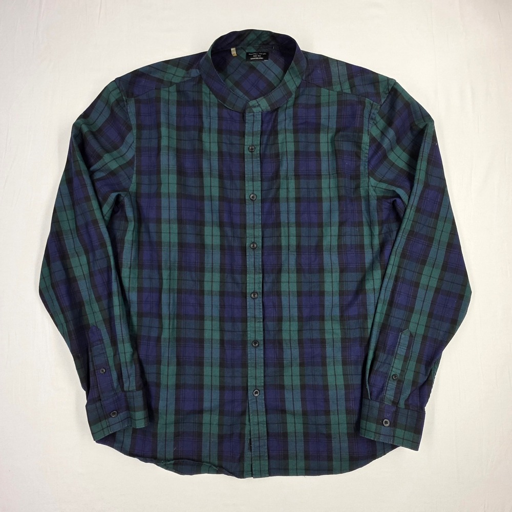 7Diamonds Mens Band Collar Plaid Flannel Shirt Navy Green Long Sleeve L